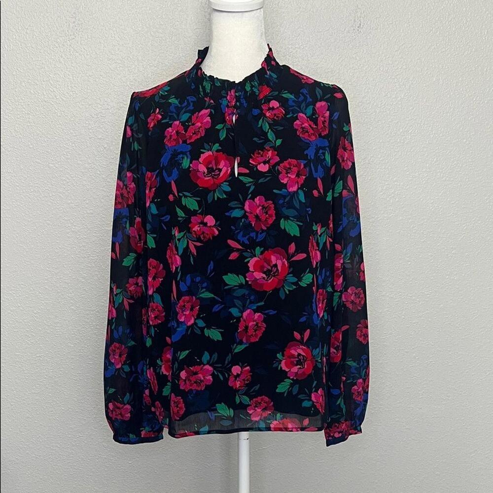 JCrew Factory Smocked Neck Floral Blouse Black/Multicolor Size Medium NWT
